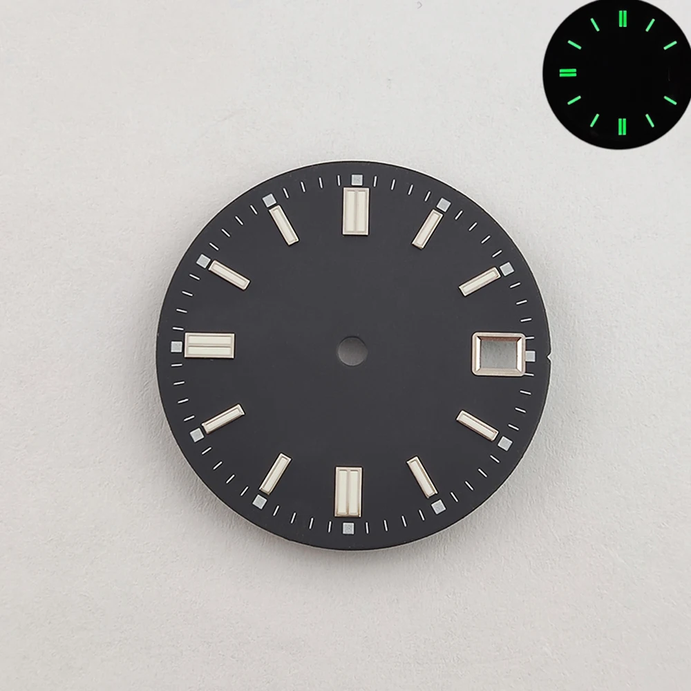 Esfera de reloj nh35 de 28,5mm, esfera de reloj luminosa verde, esfera estéril, logotipo personalizable, piezas de reloj para movimiento NH35/NH36