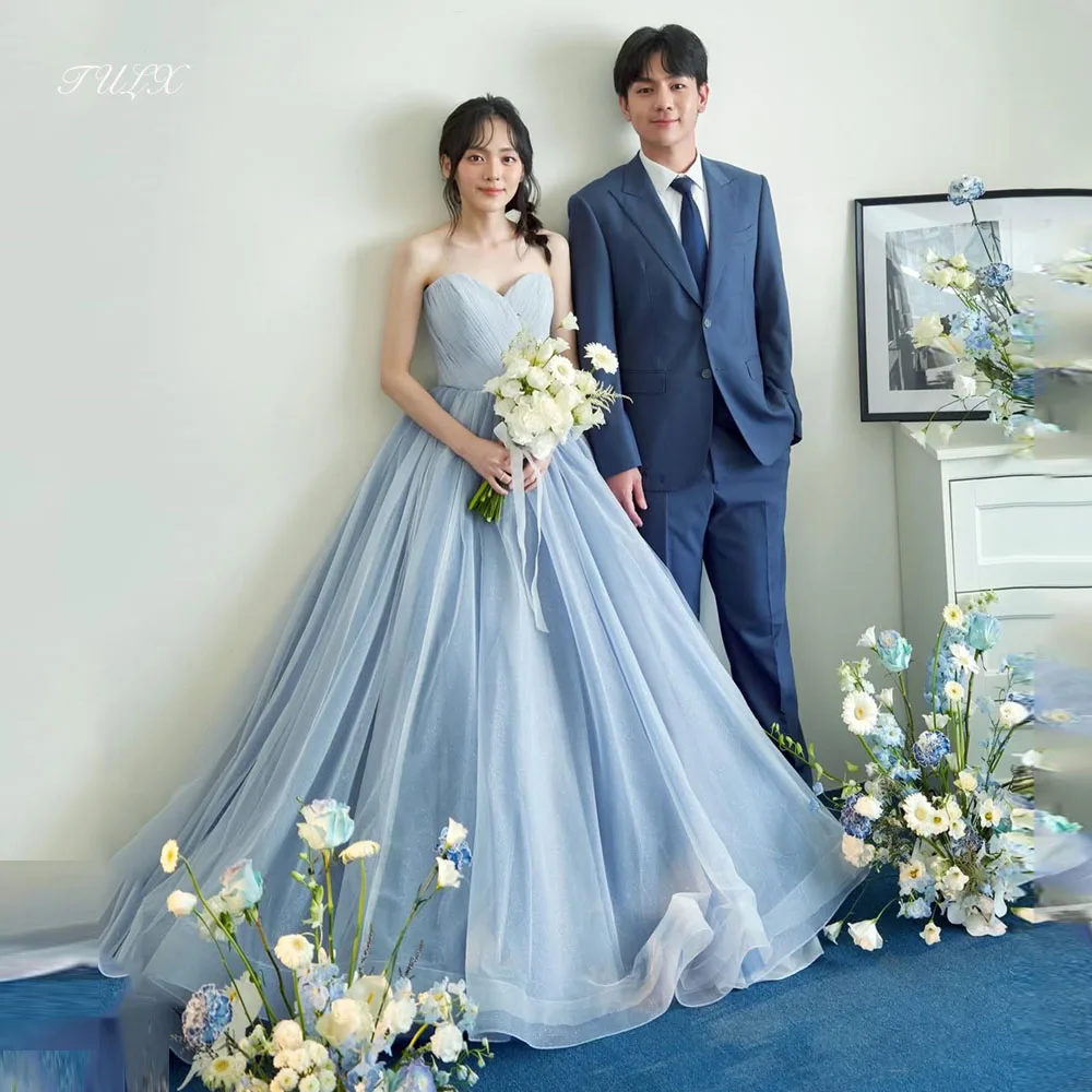 

TULX Fairy Sparkly Tulle Evening Dress Korea Wedding Photo Shoot Blue Sweetheart Pleat Long Bridal Party Dress Corset Customized