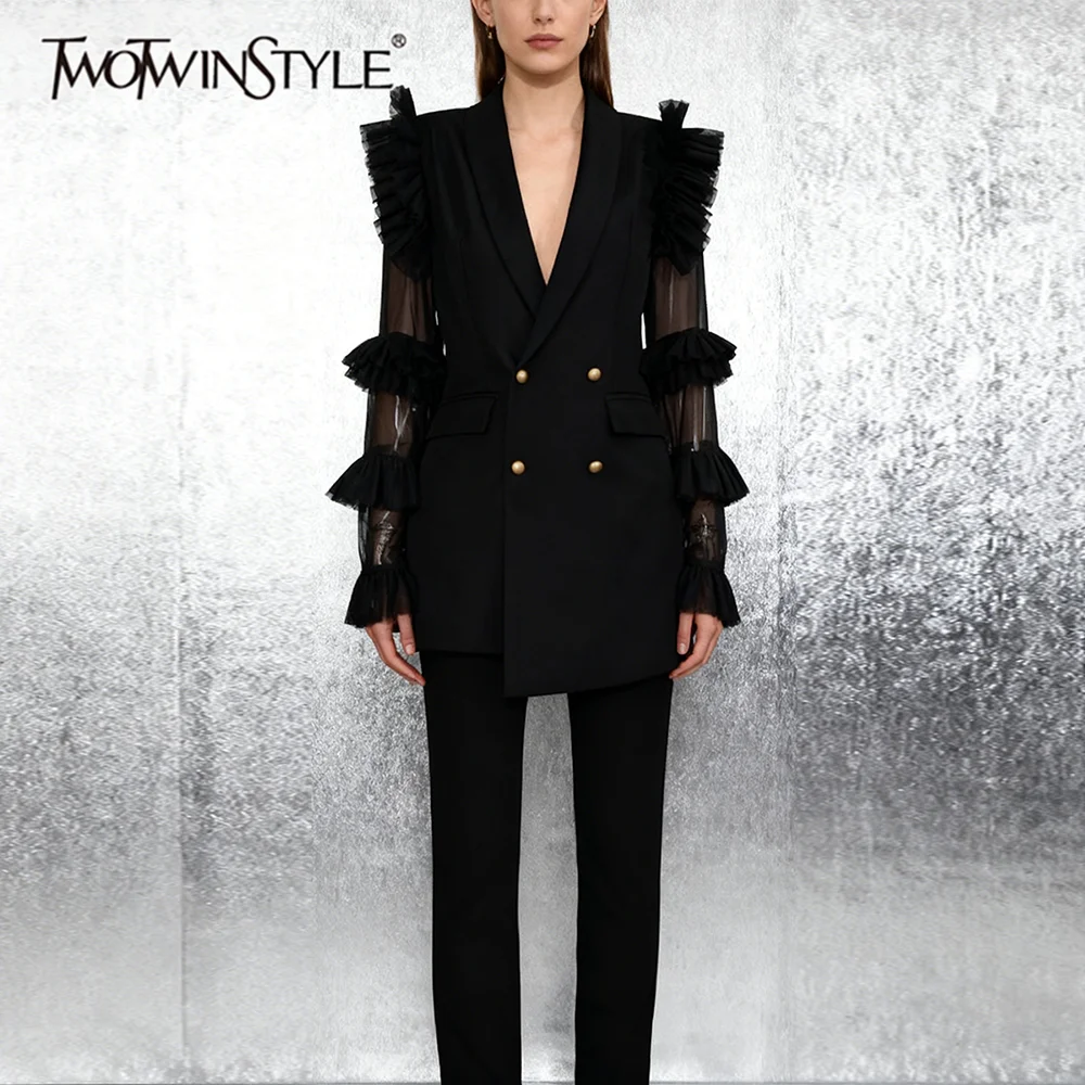 

TWOTWINSTYLE Fashion Sheer Spliced Ruffles Folds Blazers for Women Lapel Long Sleeves Tunic Patchwork Buttons Blazer Female New