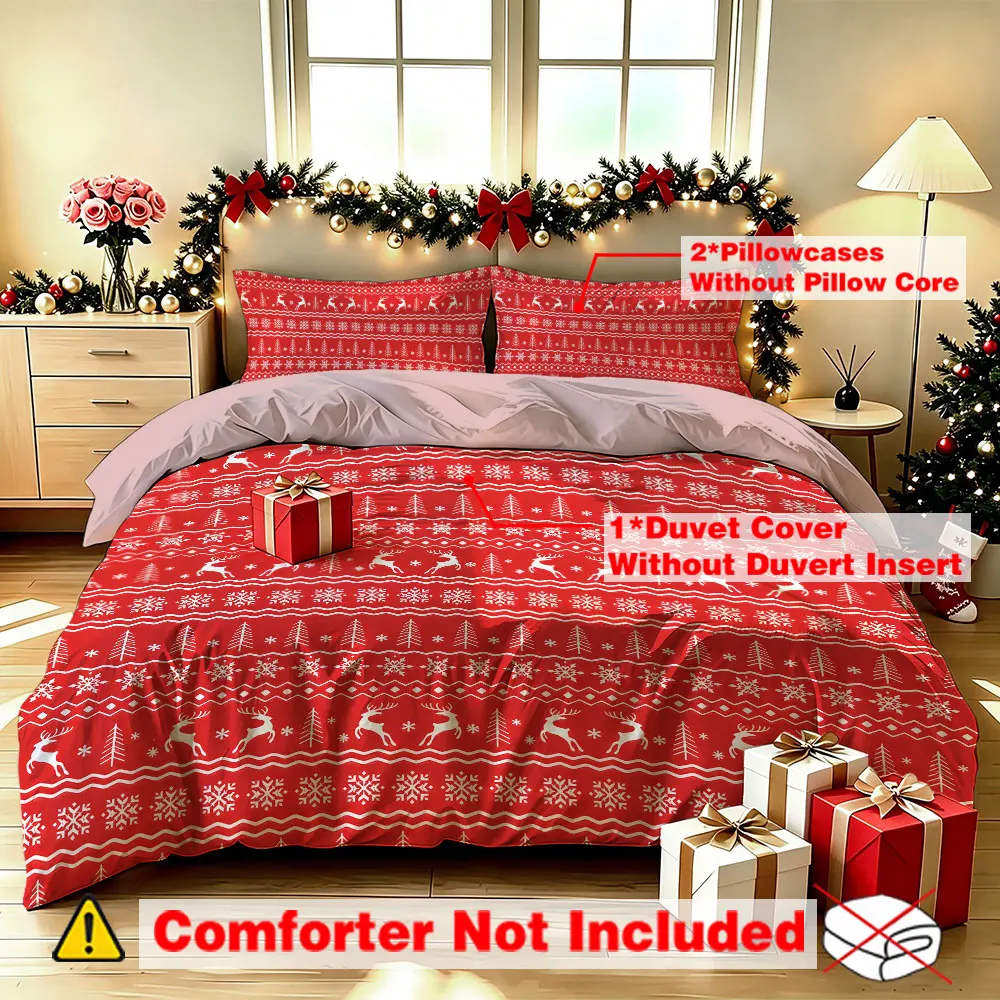 Red Nordic Reindeer Duvet Cover Set 3Pcs, Fair Isle Knit Bedding, Geometric Print Quilt Cover with Pillowcases, Winter Decor