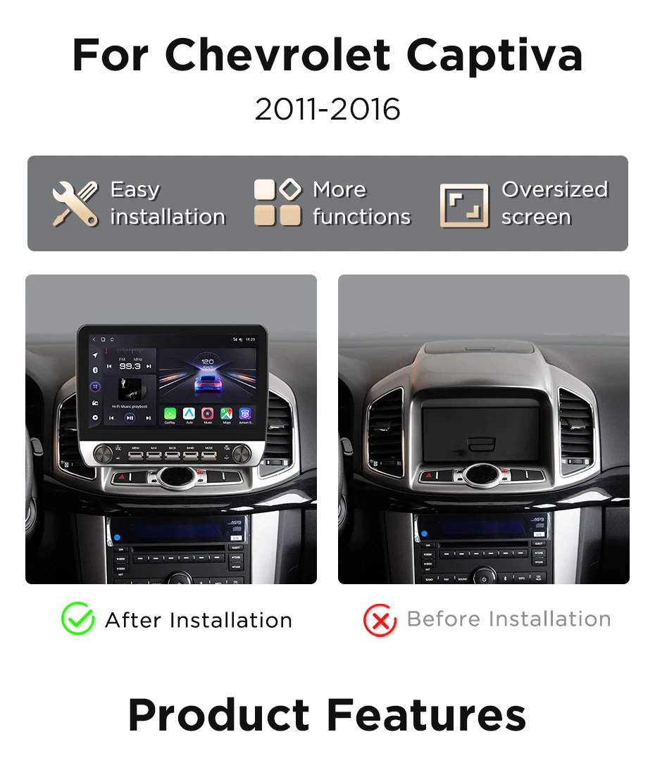 Junsun 10,1' Kabelloses CarPlay Android Auto Autoradio für Chevrolet Captiva 2011-2016 Radio mit Tasten Bluetooth GPS Navi 4G DSP – Detail 4