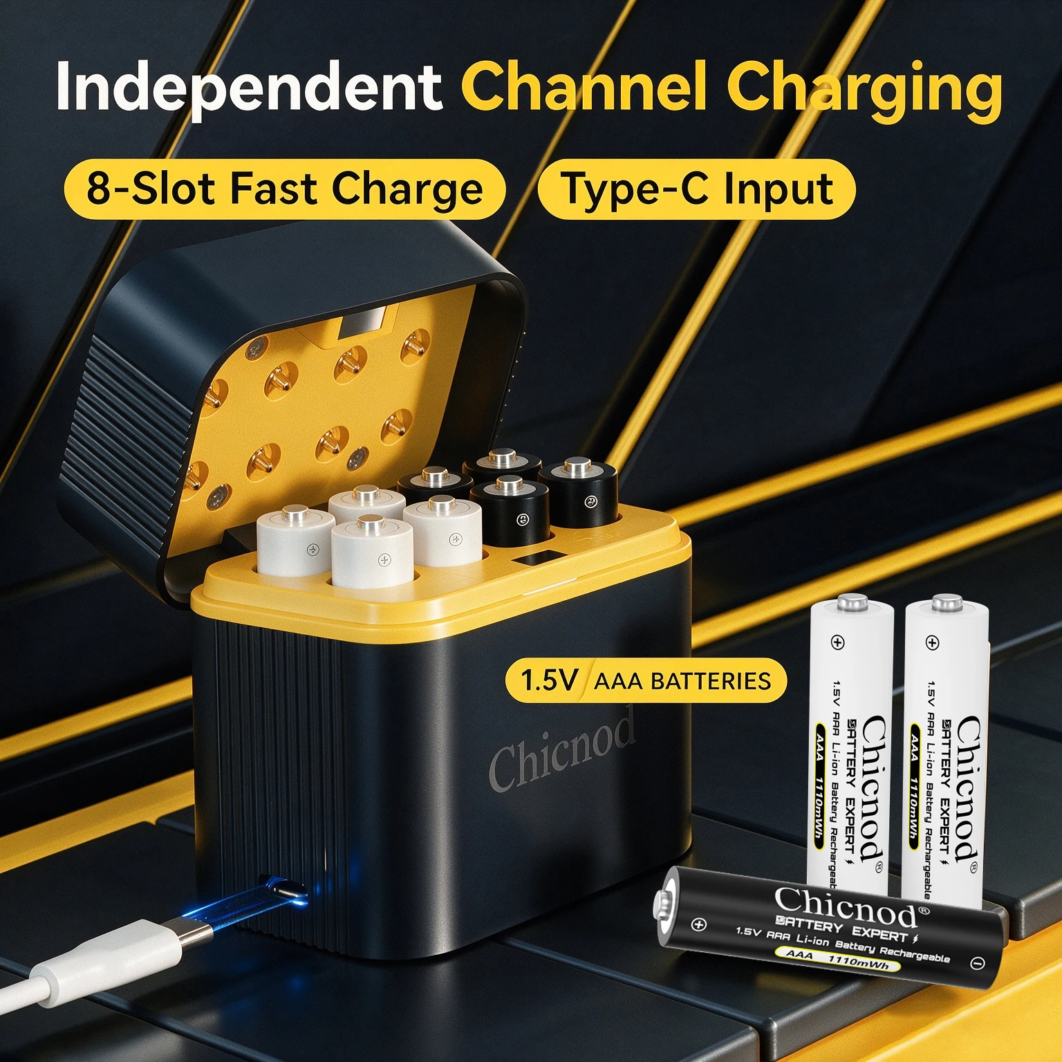 Chicnod AAA Rechargeable Lithium Battery 1.5V 1110mWh Li-ion Batteries USB Type-C Charging with 8 Slot Smart Charger