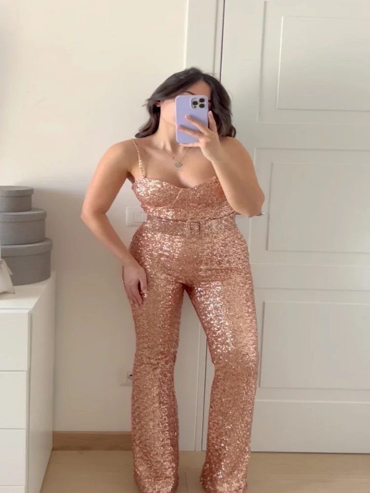 Sequins Luxury Womens Jumpsuit Metal Suspenders Sexy Fashion Belt Tube Tops Slim Party Jumpsuit 2024 Evening High Waist