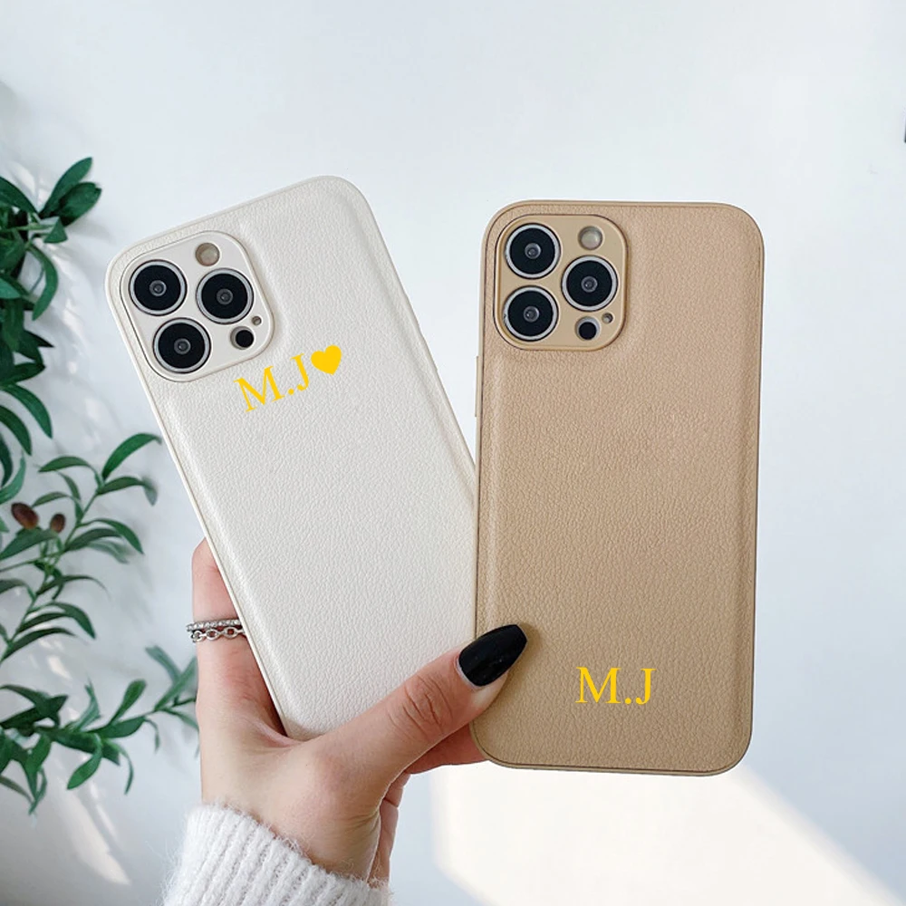 Aanpassen Gepersonaliseerde Initialen Pu Bruin Wit Case Voor Iphone 13 11 12 Pro Max X Xr 7 8 Plus Luxe cover Voor Iphone 11 Pro Max