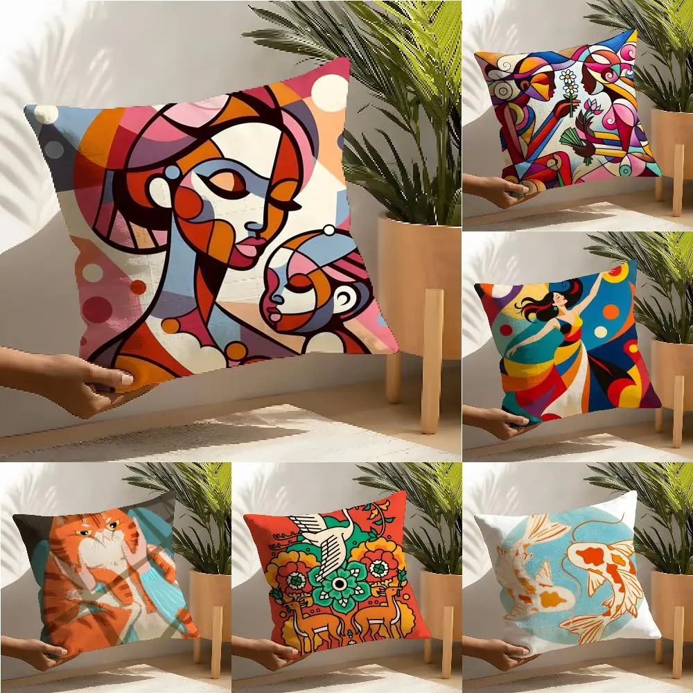 Illustration Of Diagonal Square Art Pillow Case Cotton Linen Fabric Square Zipper Pillowcase Home Decorative Living Room