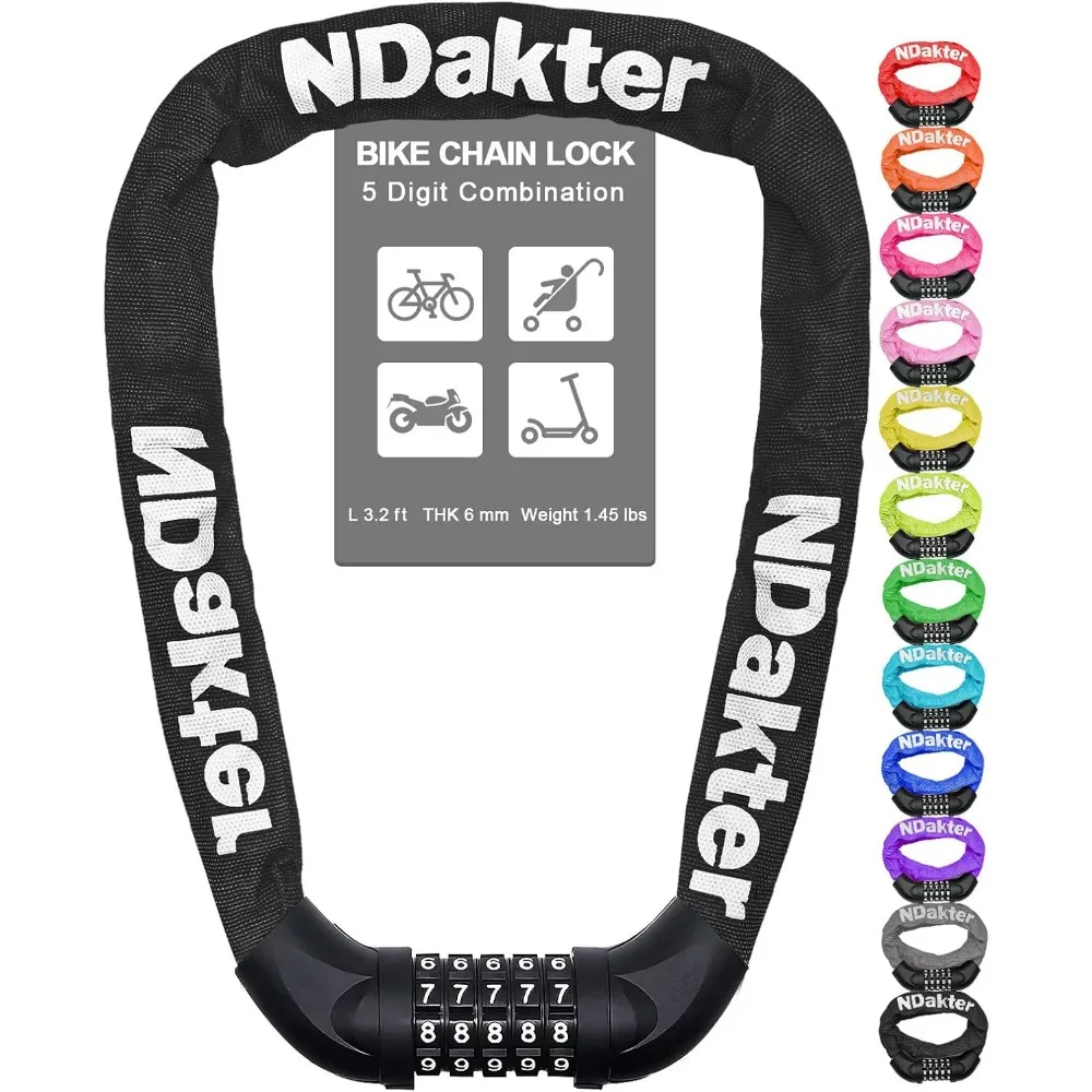 

Heavy Duty 5 Digit Resettable Combination Chain Lock for Bike Scooter Door Gate Fence 2.6 to 6ft 4-6mm Thick