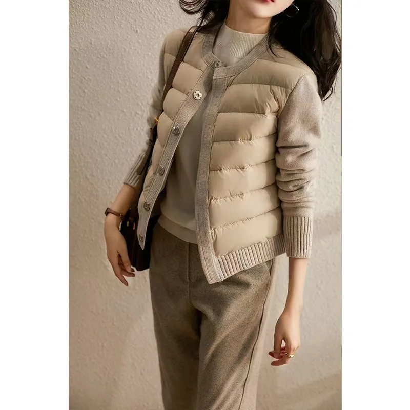 2025 Winter Sweater Splicing Down Jacket Short Foreign Zipper Casual Cardigan Down Cotton Clothing Women's Clothing