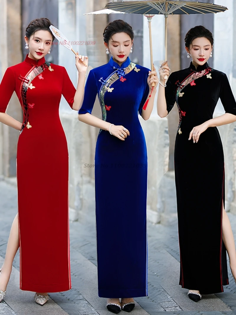 

2025 chinese improved qipao vintage cheongsam national butterfly embroidery velvet qipao stage performance banquet evening dress