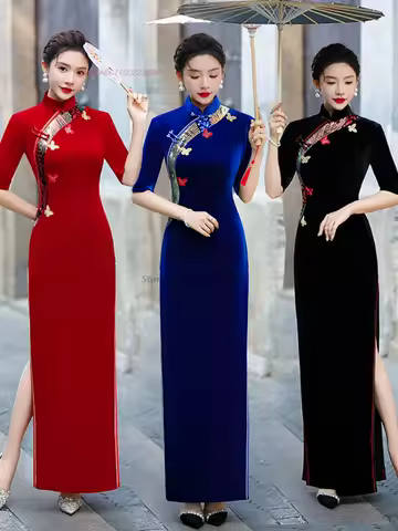 2026 chinese improved qipao vintage cheongsam national butterfly embroidery velvet qipao stage performance banquet evening dress