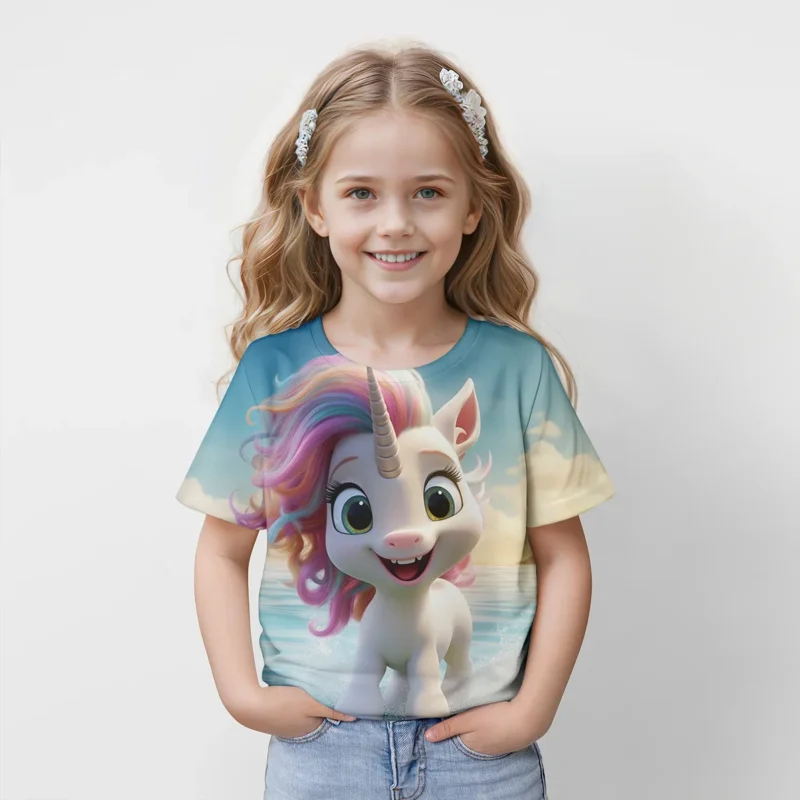 2024 New Summer Kids Unicorn Graphic Tops Tees 3D Print  T-shirt Children Casual Short Sleeve Clothing  Girls Sports Streetwear