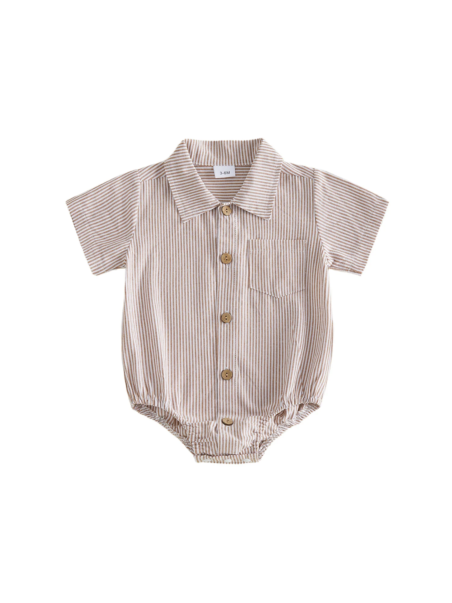 

Toddler Boys Casual Romper Short Sleeve Lapel Button Down Jumpsuit with Pocket and Stripe Print for Summer Wear