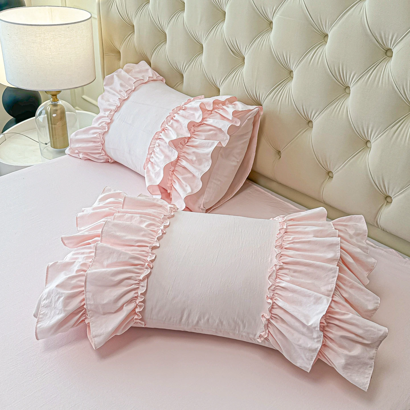 2Pcs Korean Princess Style Pillowcase Double Layer Ruffles Girls Home Bedroom Decorative Soft Washed Cotton Pillow Cover 48x74cm