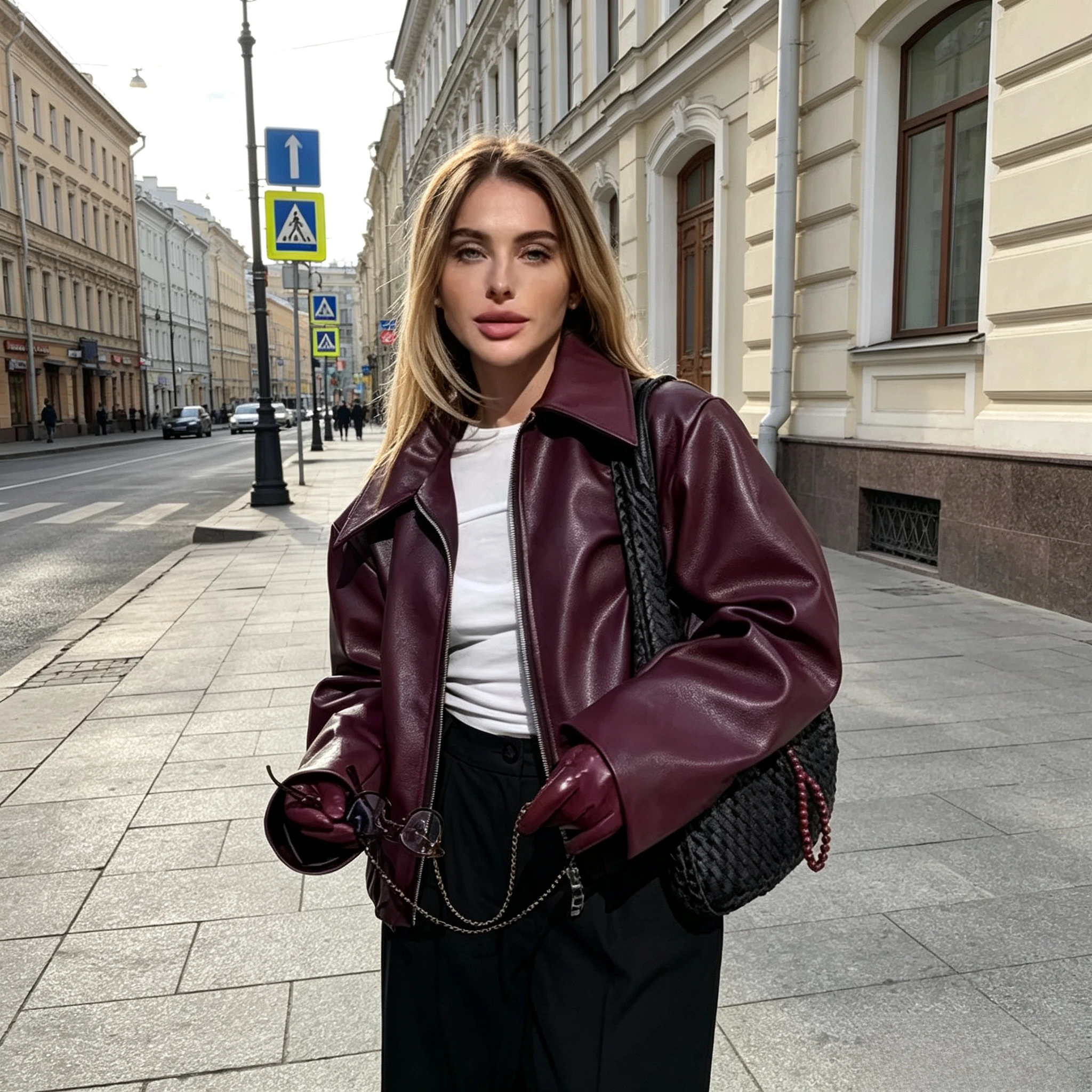 Women's Leather Jacket  Brown Leather Jacket with Belt Chic Full Sleeve Laple Zipper Short Coats Ladies Street Biker Jackets