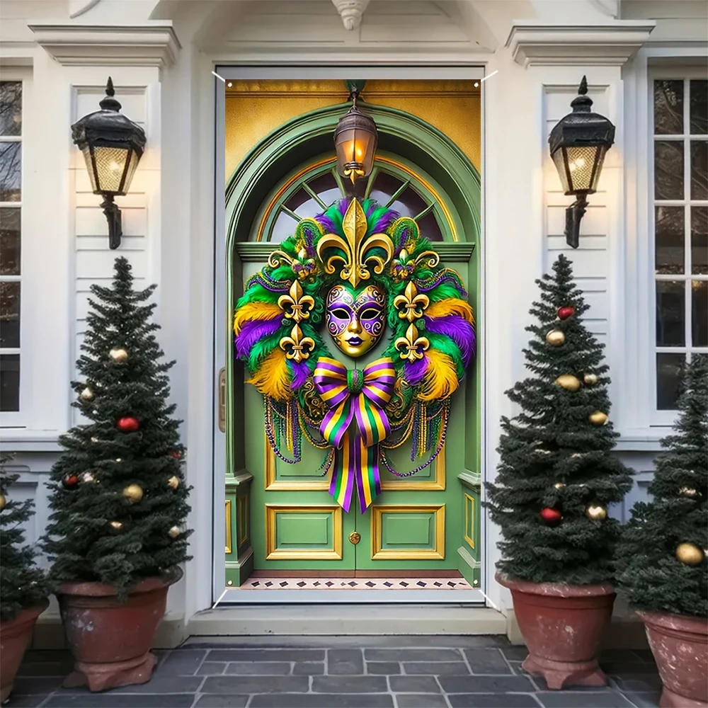 Mardi Gras Decorations Door Cover Banner Mask Feather Garland Print Photography Backdrop Indoor Outdoor Porch Background Decor