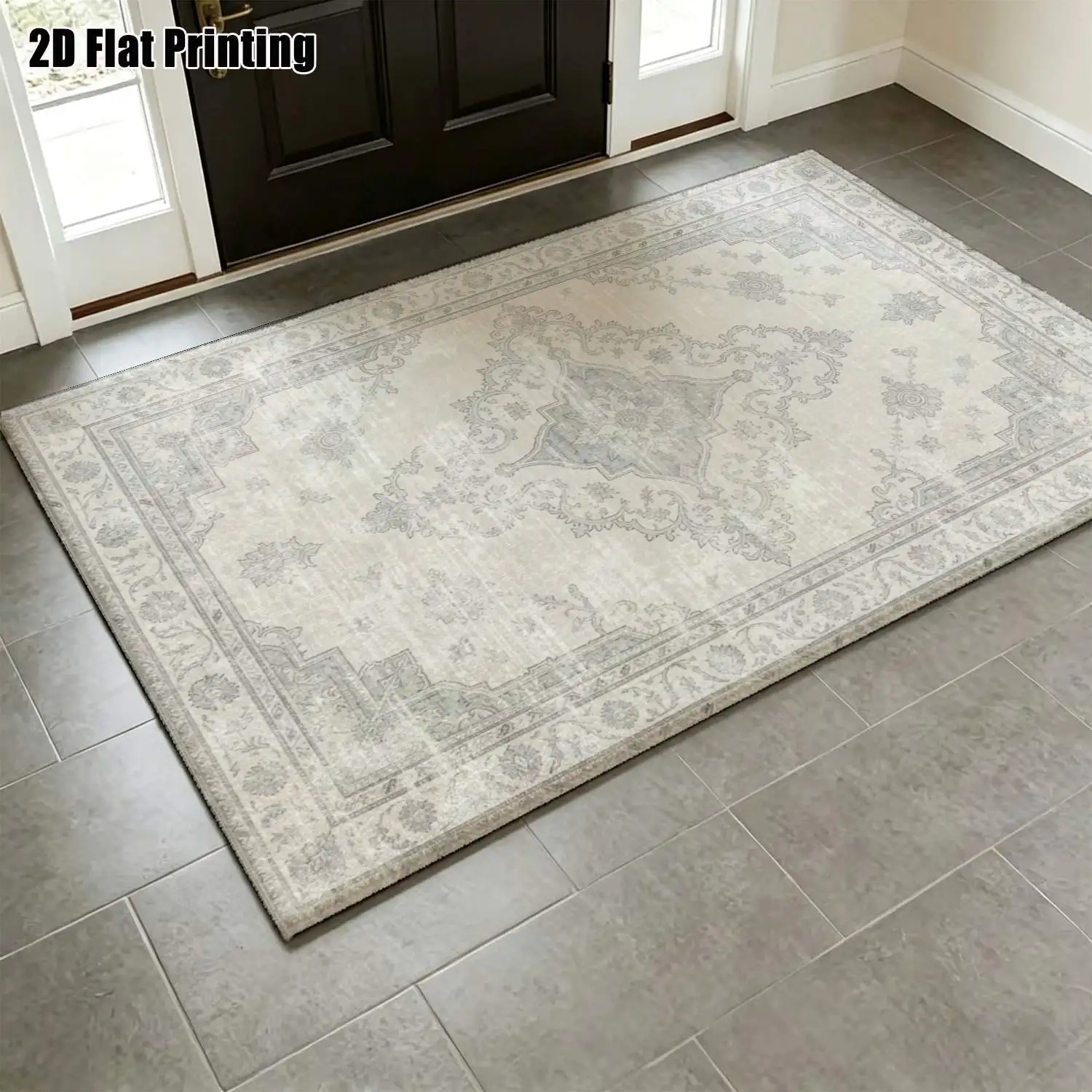 1Pc 2D Printed Retro Gray Carpet: European Vintage Geometric Pattern, Home Decor, Multi-Size, Machine Washable, Ideal for Entrance, Dining, Foyer, Bedroom, Living Room as a Mat/Rug