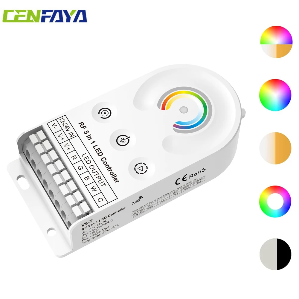 

CENFAYA 5-канальный LED-контроллер 5-в-1: диммер CCT RGB RGBW RGBCCT, сенсорное управление цветом, плавное диммирование, 10 динамических режимов RGB, DC 12V/24V