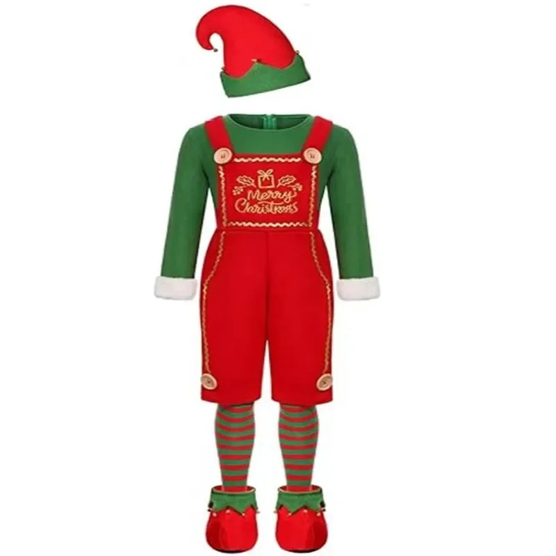 Xmas Elf Cosplay Costume Christmas Santa Claus Family Jumpsuit Hat Shoes Socks Holiday Party Outfit Adult Kids New Year Gift Set