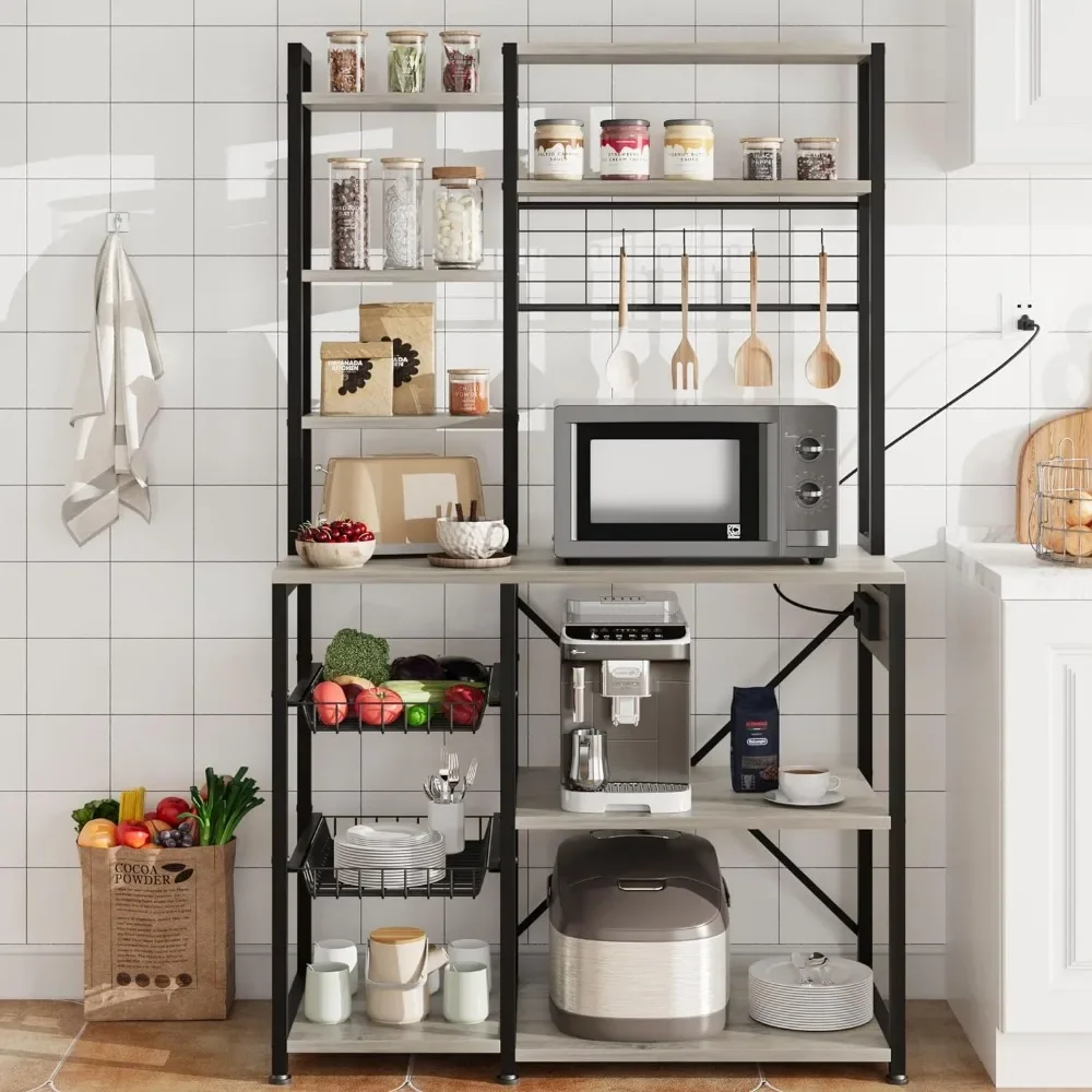 Premium Bakers Rack with Power Outlet,Microwave Stand with 2 Wire Drawer, Industrial Coffee Bar Station