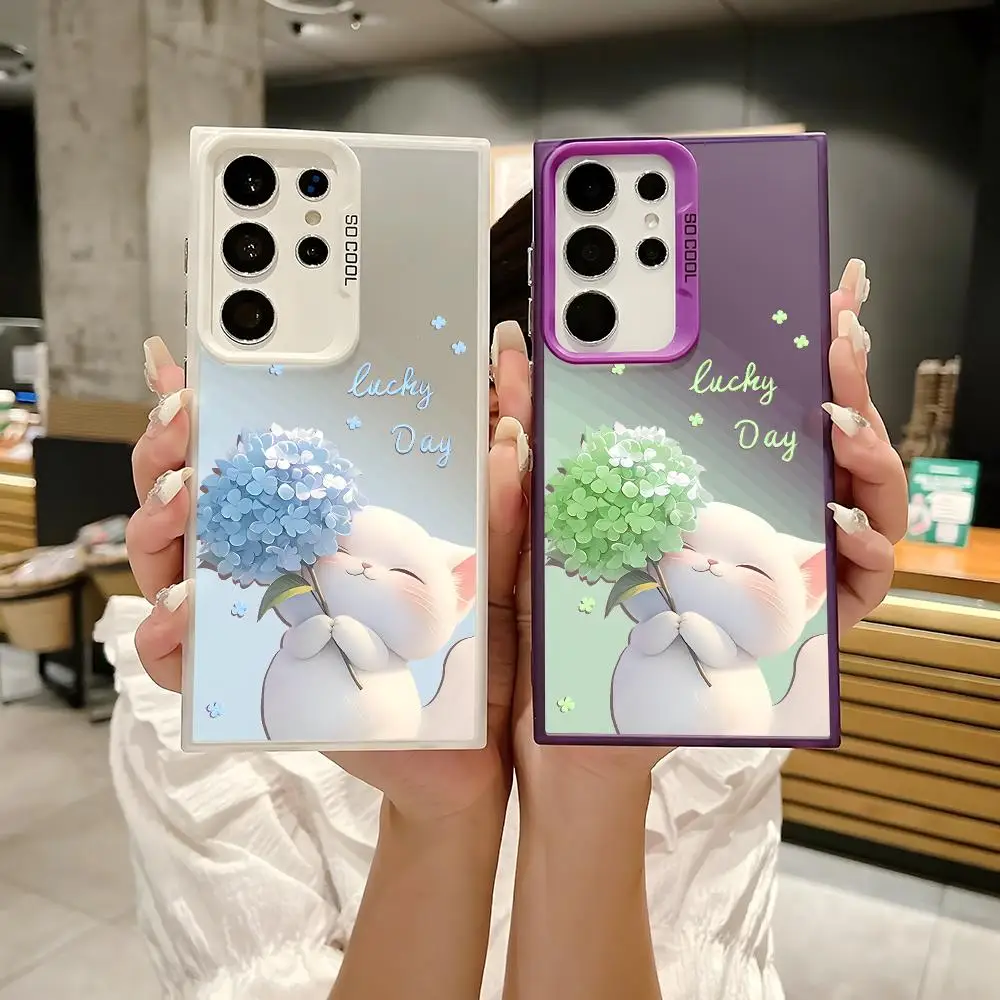Lucky Cat Hydrangea Dream Phone Case For Samsung Galaxy S25 S24 S23 S22 S21 Ultra Plus Laser Hard Colorful Matte Shockproof