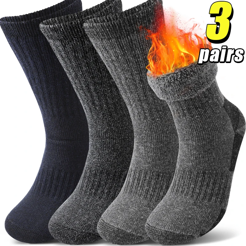 

3 пары мужских толстых шерстяных носков для мужчин, зимние теплые термоноски, мягкие компрессионные спортивные носки до середины икры, вязаные эластичные носки