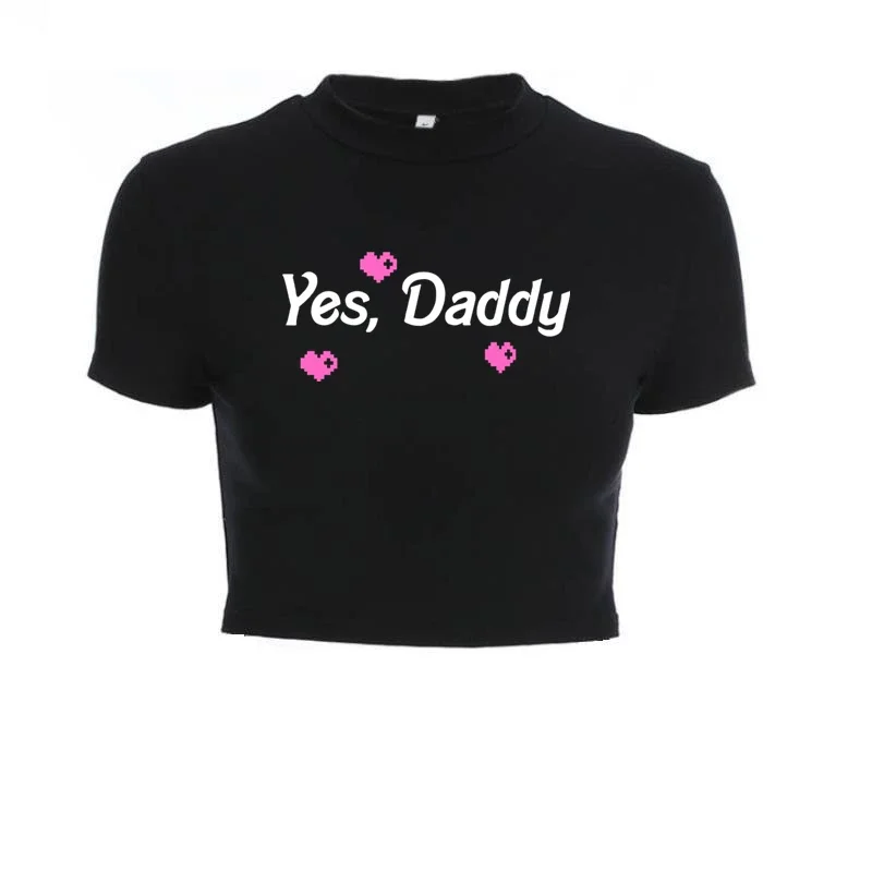 Sim papai-mulher curta e sexy camiseta, top de manga curta com letras, cor preta, para meninas