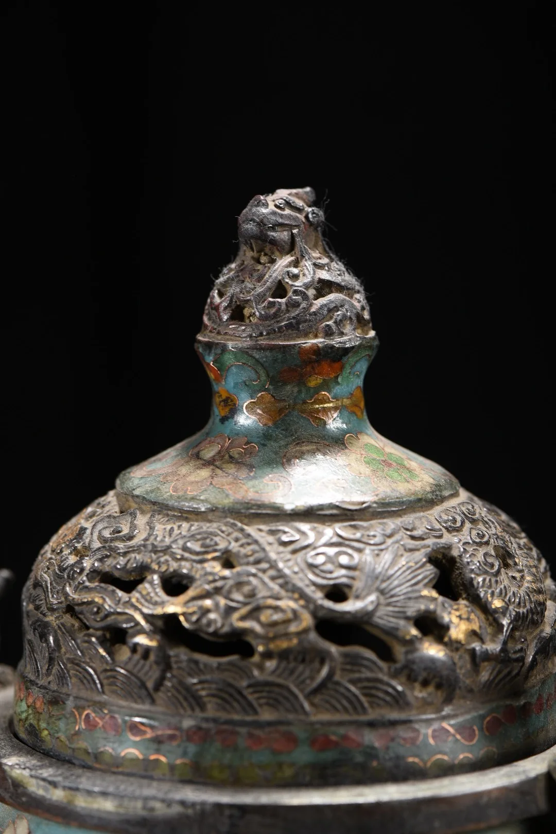 Old Bronze Cloisonne Enamel Magpie and Plum Blossom Pattern Dragon statue ear three legged incense burner Ornaments