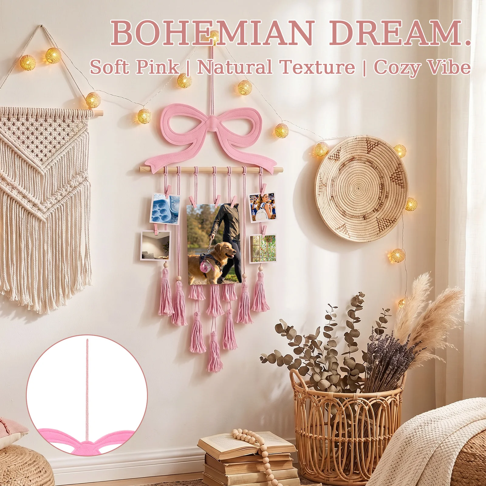 Hanging Photo Display Bow Wall Decor Wall Hanging Collage Picture Holder with 30 Clips for Teenage Girl Bedroom Room Decor