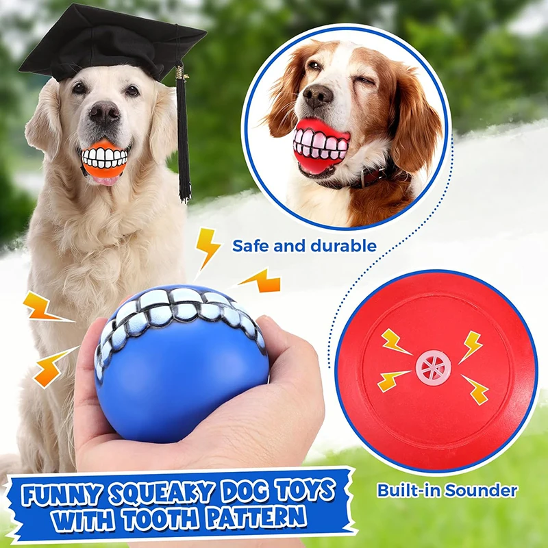 Squeaky Dog Balls for Aggressive Chewers Large Chew Toys for Teething Dogs Funny Grinning Toy Smiling Teeth Rubber Hollow Ball