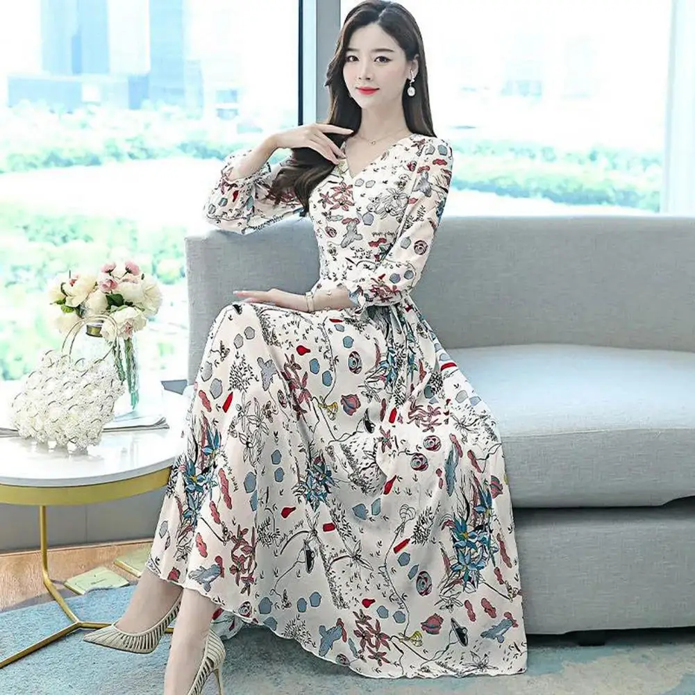 New in Dress for Women 2023 Flower Print V Neck Long Sleeves Loose Hem A-line Dress-up Boho Spring Fall Dress Women Clothing