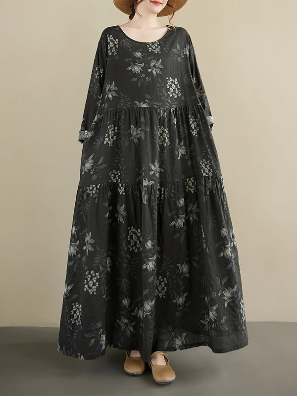 Coupe ample imprimé fleuri Dr rond Ne Long Sve femme décontracté Faion automne nouveau Sle a-ligne jupe coton matériel
