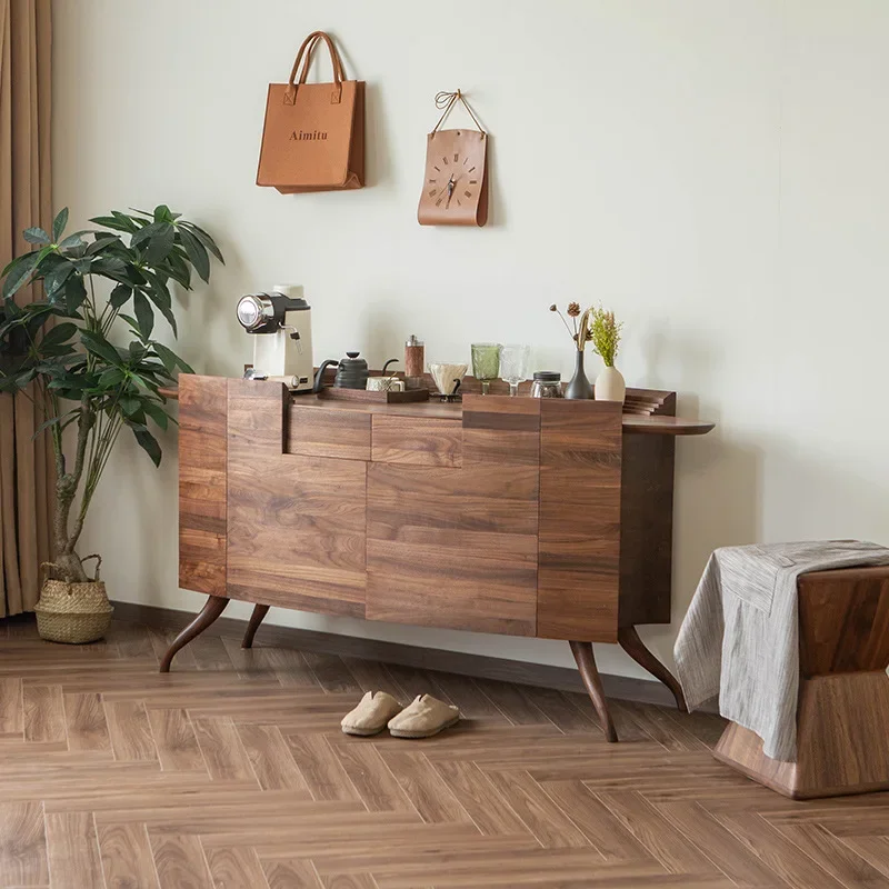 Italian wabi-sandy wind solid wood side cabinet minimalist North American black walnut special-shaped tea cabinet storage