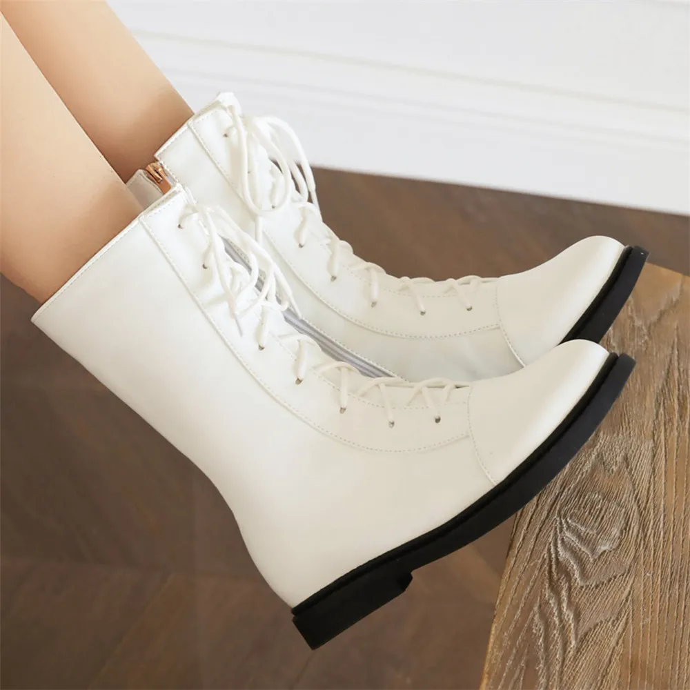 2024 Lace Up Ankle Boots Women Girl Fashion Cross Tied White Black Pink Chunky Heel Zip Cute Girls Shoes size 31 32 33 34 35 39