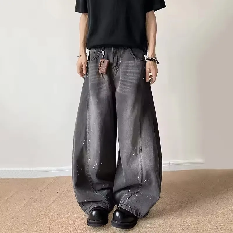 Niche Design Men's Jeans Washing Splash-ink Contrast Color Streetwear Moustache Effect All-match Male Denim Pants New