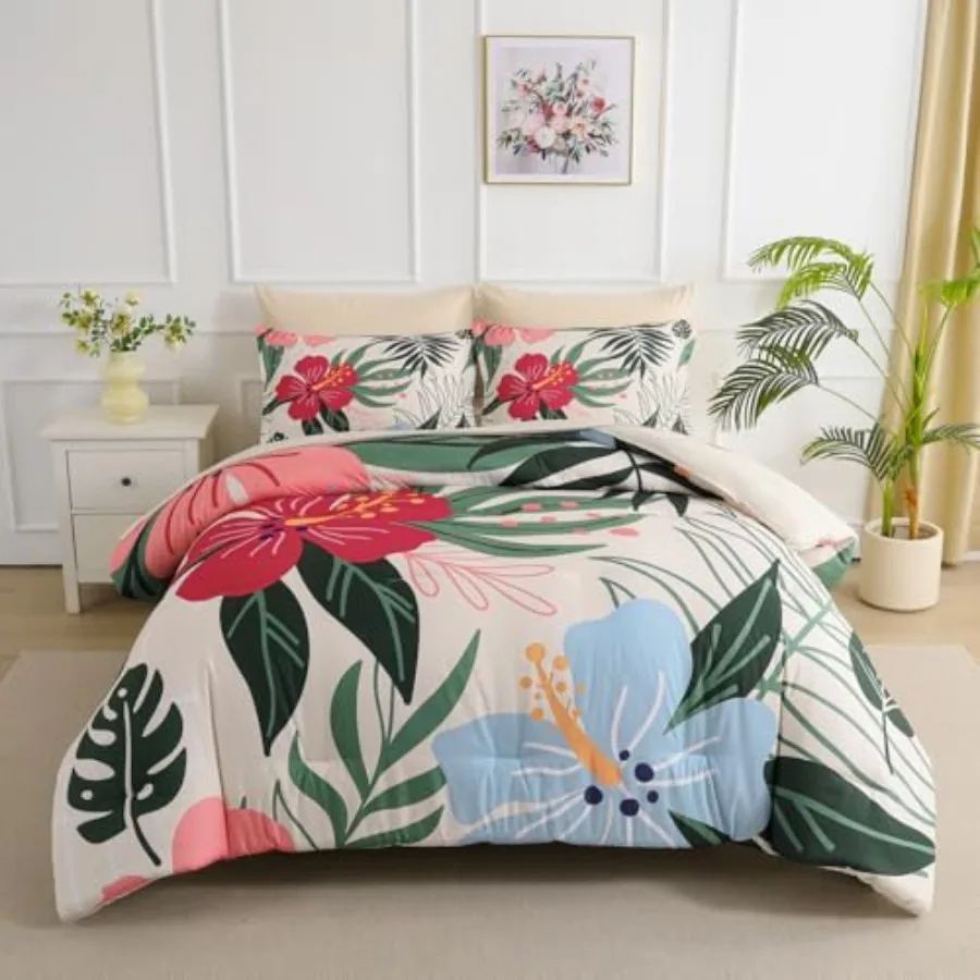 

7 Pcs Bed in a Bag Size Comforter Set Bedding SetPink Floral Green Leaves Pattern Reversible Design Soft Microfiber Comforter w