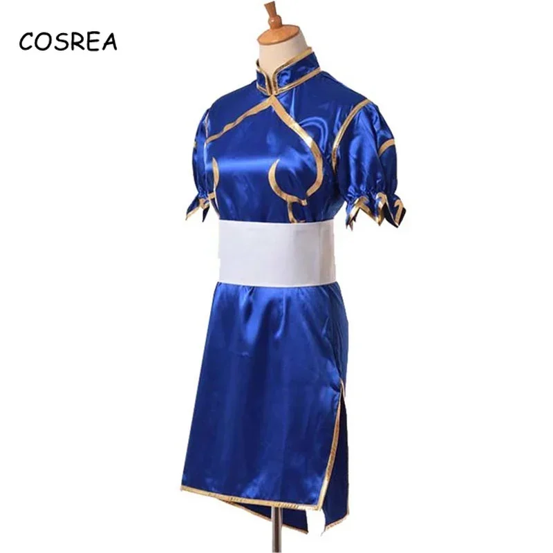 Costumes de jeux Chun Cosplay pour femmes et filles, robe bleue Sutorito Faita Cheongsam, ceinture, équipement de sauna, vêtements de fête d'Halloween