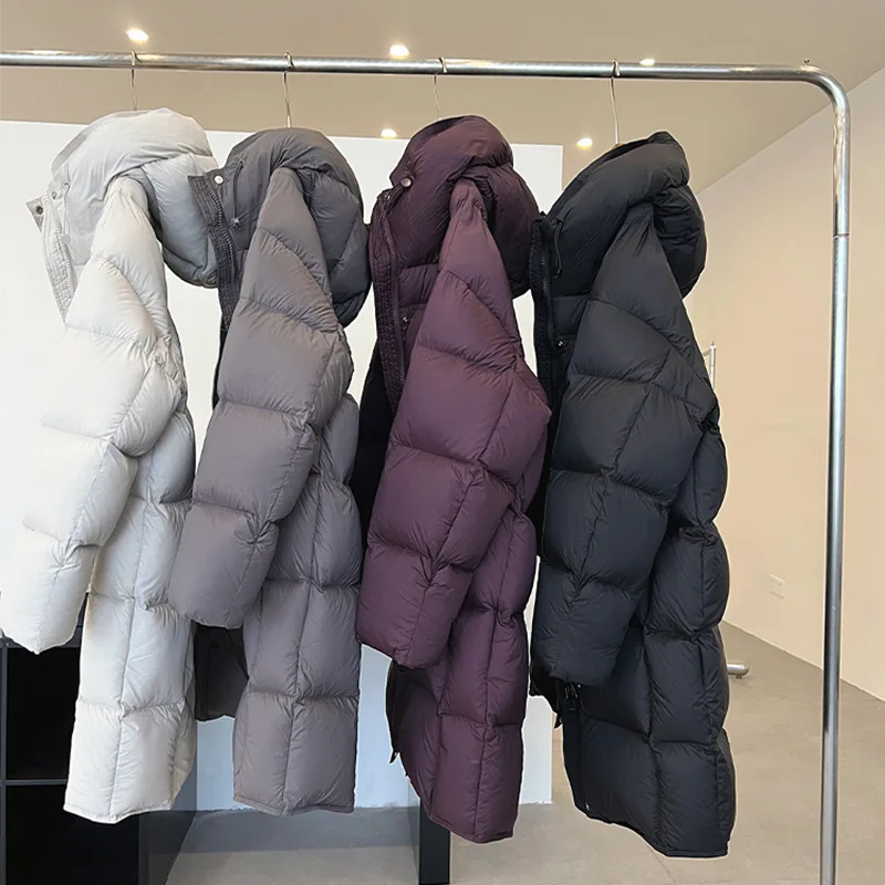 Umi mao grande colcha pato branco para baixo longo jaqueta feminina inverno nova moda puff sentir com capuz sobre o joelho jaqueta puff