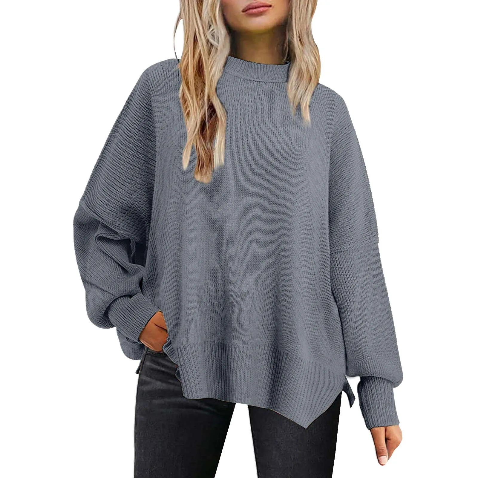 Maglione a maniche lunghe con scollo tondo americano europeo con ala di pipistrello per le donne primavera autunno nuovo Pullover con spacco laterale lavorato a maglia Top alla moda