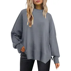 European American Round Neck Bat Wing Long Sleeved Sweater for Women Spring Autumn New Knitted Side Slit Pullover Fashion Top