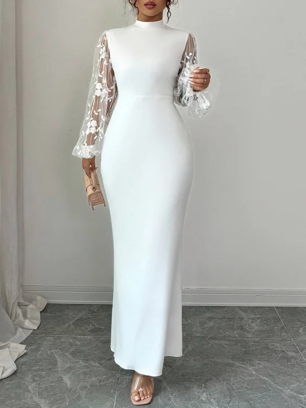 크리스마일 여성용 우아한 이브닝 하이넥 드레스 2026 바디콘 화이트 가운 시어 메쉬 소매 포멀 파티 섹시 시크 맥시 드레스