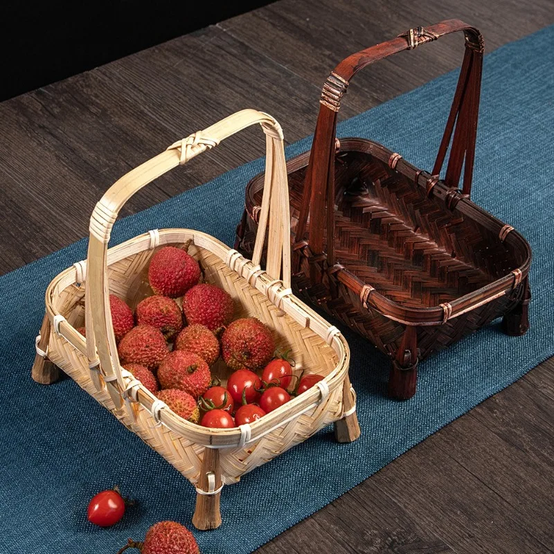 

Bamboo Woven Hand Basket Retro Woven Basket Desktop Creative Handmade Small Bamboo Basket Household Tea Fruit Cake Tray