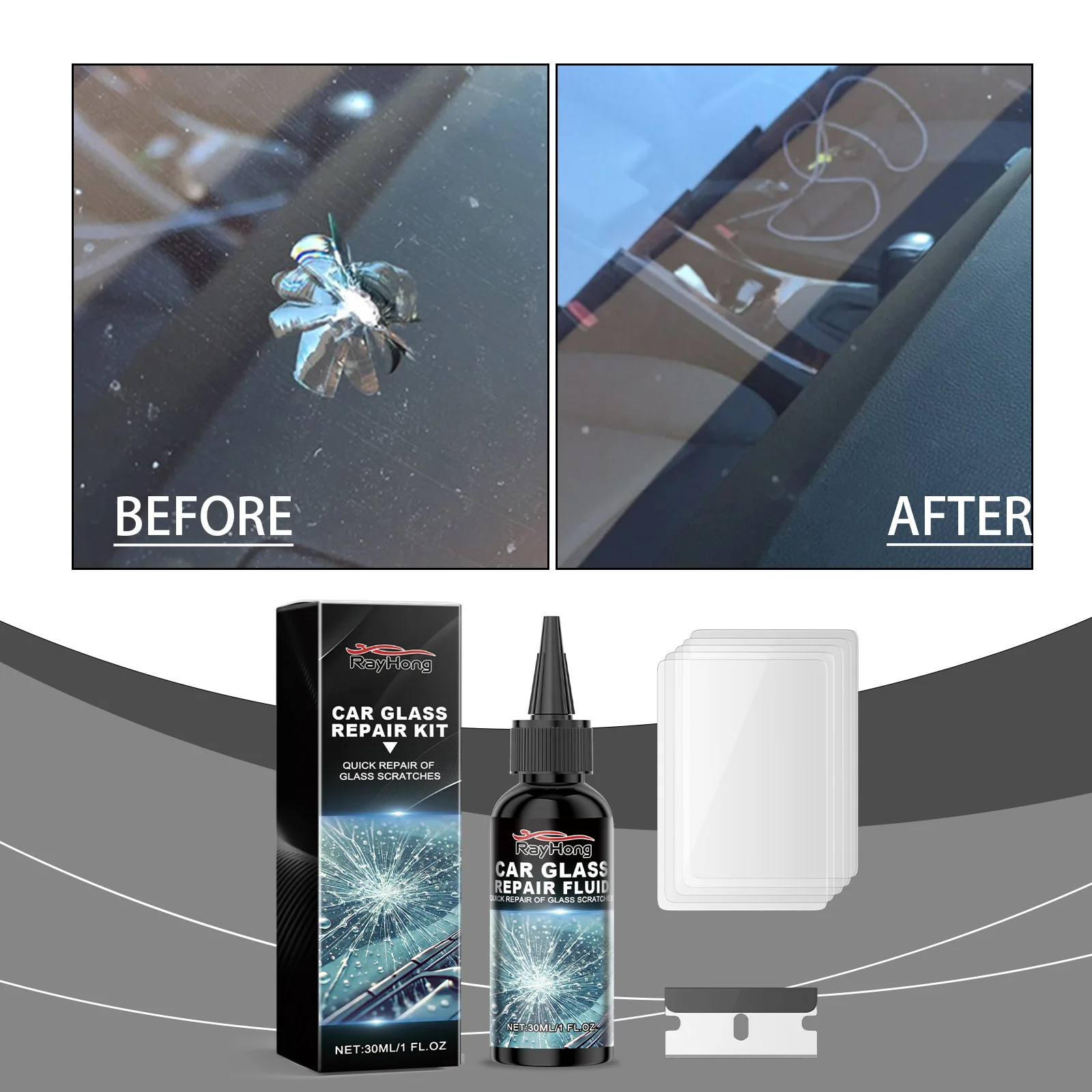 Windshield Repair Kit Car Glass Crack Fix Liquid UV Resin DIY Windshield Chip Repair Tool for Cracked Window Repair 30ml Carcare