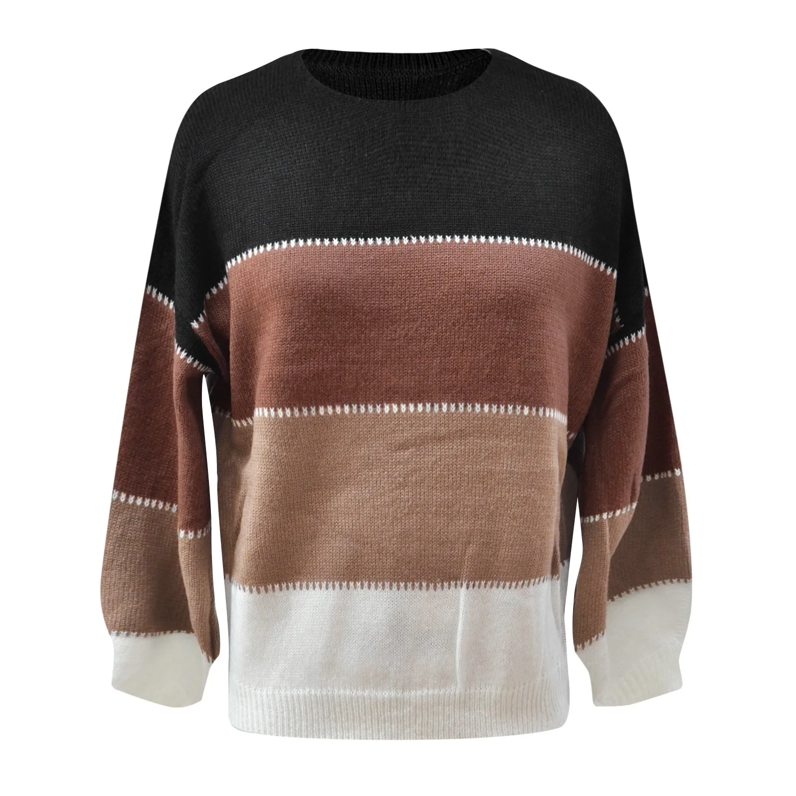 Women Autumn Warm Pullover Sweater Fashion Stripe Patchwork Lantern Long Sleeve Crewneck Loose Casual Knitted Top Retro Jumpers