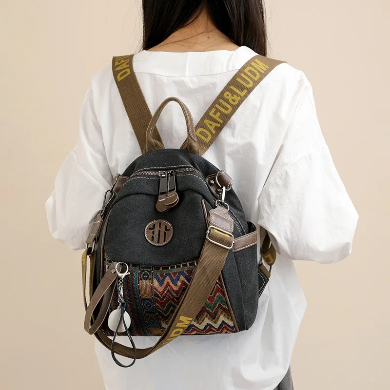 Denim ethnic style embroidered women's double shoulder bag, color-matched large capacity backpack, multi-purpose crossbody bag