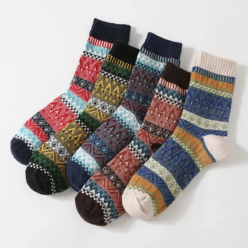 Japanese Retro Man Thickened Warm Socks Autumn Winter Geometric Style Striped Woolen Socks For Men Scandinavian Socks Stocking