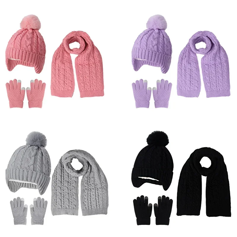 

Winter Children Hat Scarf Gloves Set Plush Velvet Knitted Hats Cute Pompom Beanie for Girls Boys Kids Warmer Accessories 3Pcs