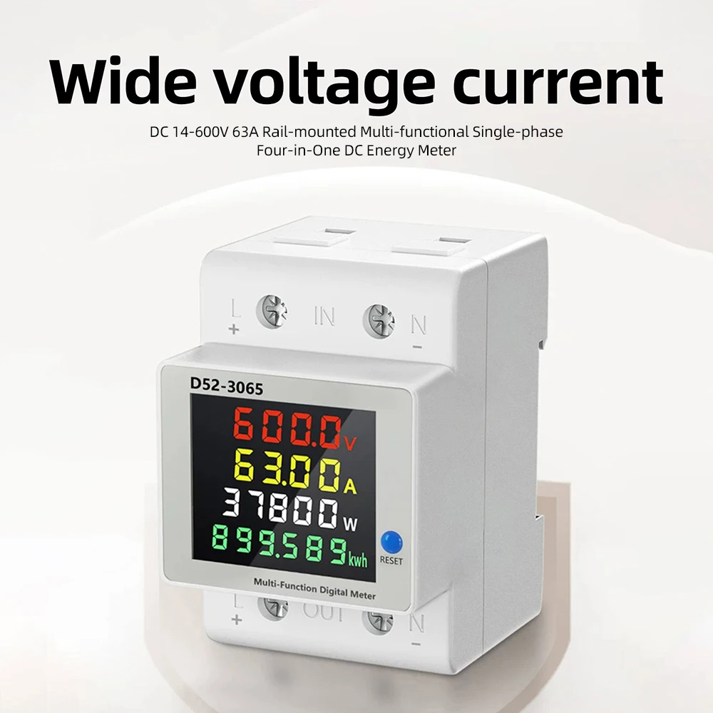 DIN Rail DC Energy Meter DC14-600V 63A 4-in-1 Single Phase Multifunctional LCD Display Voltage Current Power Energy Monitor
