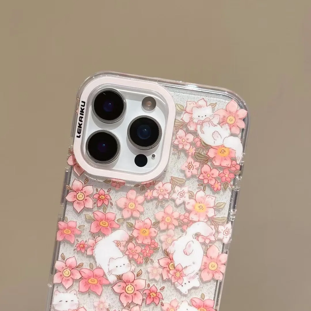 ساكورا الوردي الزهور زهر الكرز هريرة بريق الفن جراب هاتف آيفون 16 15 14 13 برو ماكس حافظة لطيف الحلو الكرتون غطاء