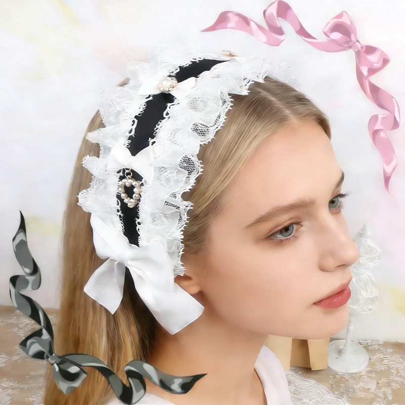 

Широкая повязка на голову в стиле Sweet Lolita, японский стиль, кружево, стразы, бантик, украшение для волос для женщин и модные аксессуары в стиле JK