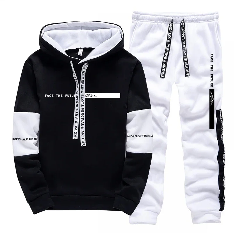 2026 Men's Tracksuit Casual Hooded Sweatshirts Sweatpants Outdoors Sports Jogging Clothes Black White Mix and Match Hoodie Pants view 2