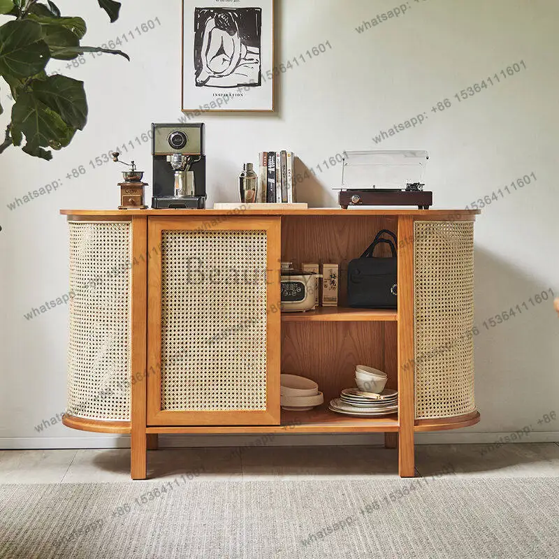 

Rattan side cabinet against the wall Simple living room Solid wood locker Shelf